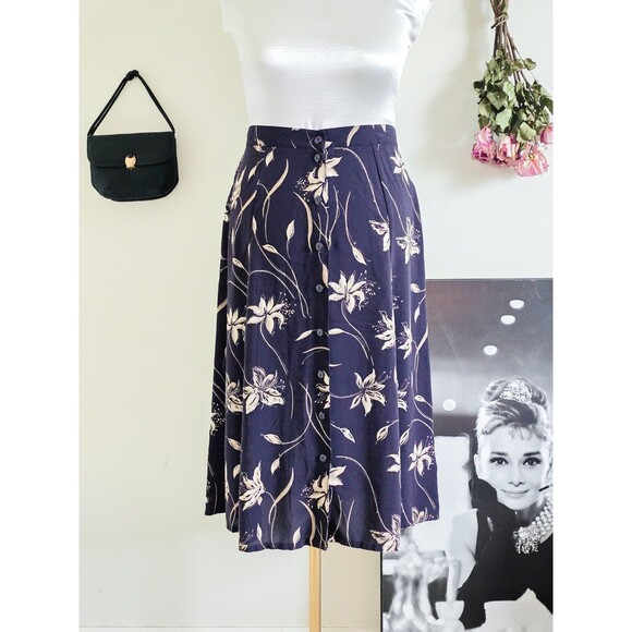 American Vintage Dresses & Skirts - Vintage 90s Dark Navy Floral Button Front High Waist A-line Midi Skirt L